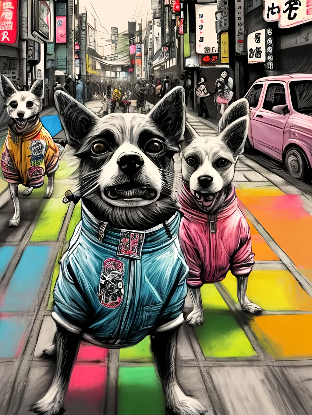 Prompt: pop art chalk pastel art of detailed dogs wearing gangster clothes playing in the streets in japan during a festival, sketch, detailed background, highres, fun atmosphere, natural lighting,  abstract, fun