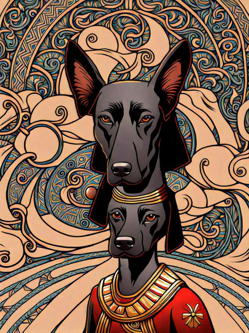 Prompt: black dog in egyptian clothing Art Nouveau style 