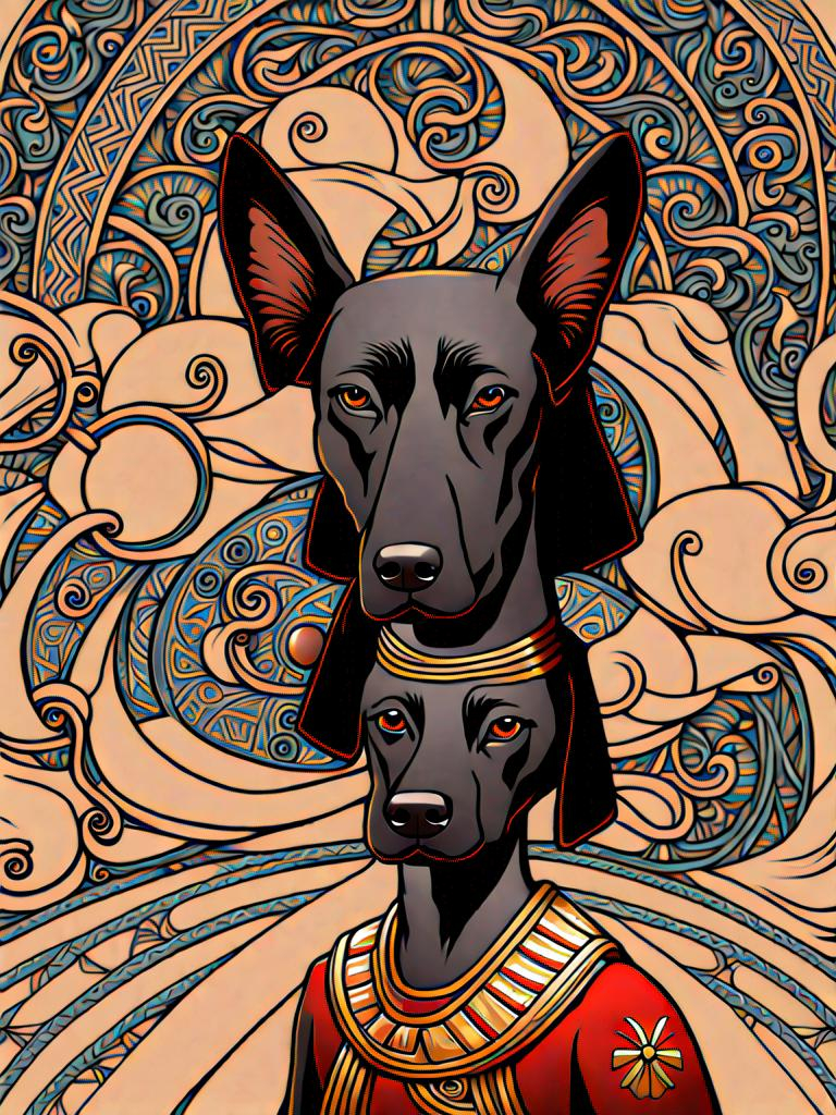 Prompt: black dog in egyptian clothing Art Nouveau style 