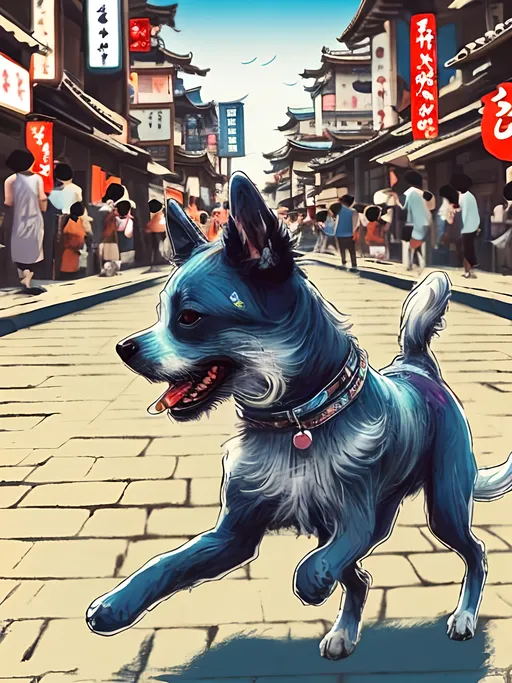 Prompt: chalk pastel style of a detailed dog dancing in the streets in japan during a festival, sketch, detailed background, highres, fun atmosphere, natural lighting,  abstract, fun