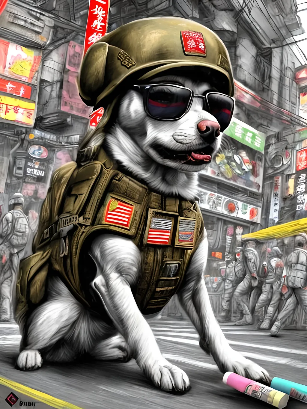 Prompt: pop art chalk pastel art of detailed dog wearing military uniforms<mymodel> playing in the streets in cyberpunk japan during a festival, sketch, detailed background, highres, fun atmosphere, natural lighting,  abstract, fun