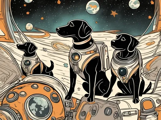 Prompt: Art Nouveau style black dogs in space in astronaut outfits