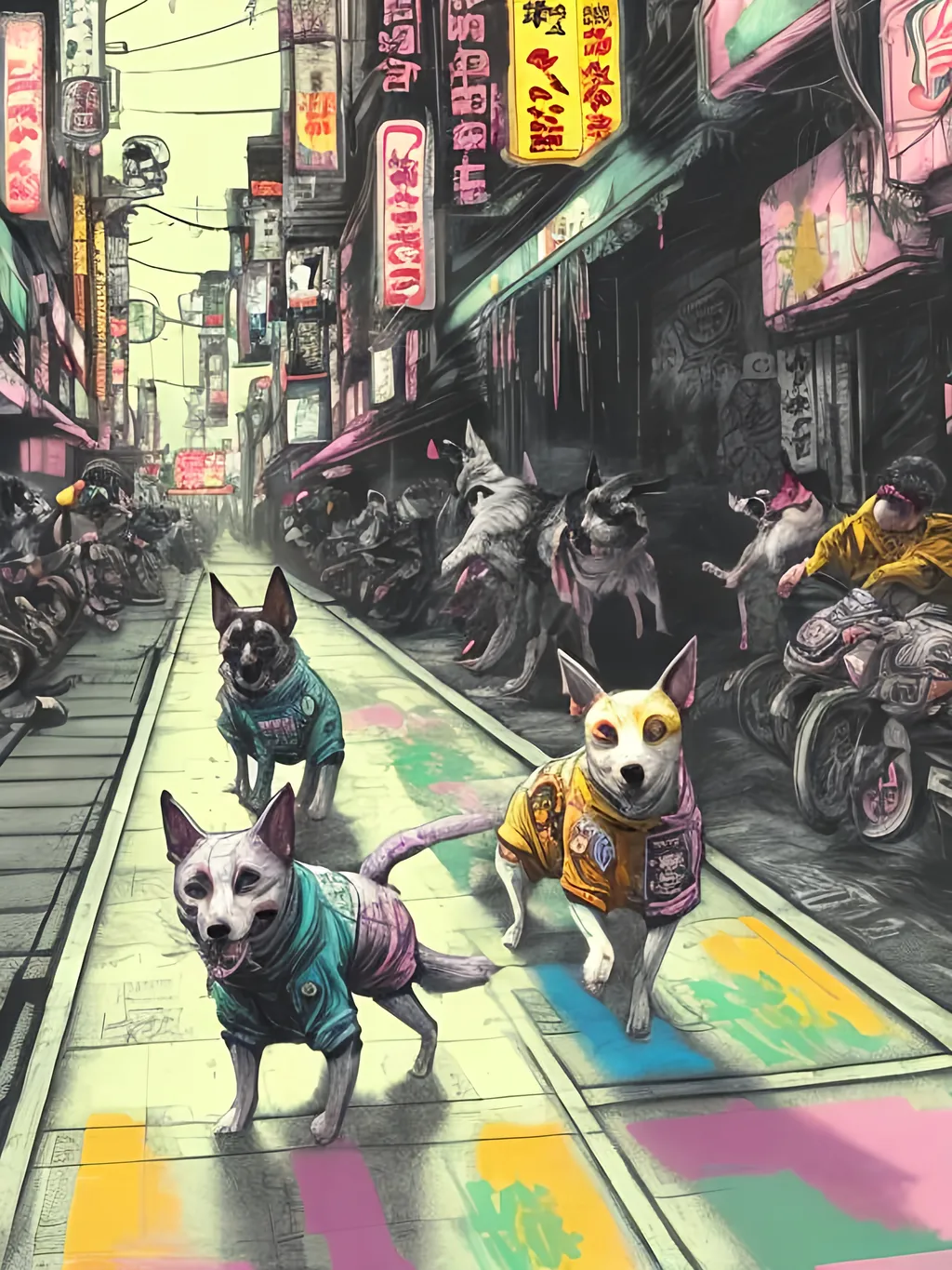 Prompt: pop art chalk pastel art of detailed dogs wearing gangster clothes playing in the streets in cyberpunk japan during a festival, sketch, detailed background, highres, fun atmosphere, natural lighting,  abstract, fun