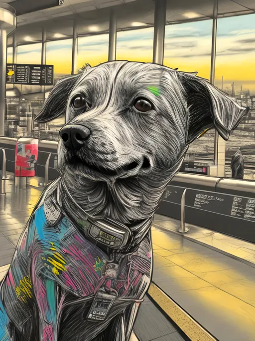 Prompt: pop art chalk pastel art of detailed dog at an airport in cyberpunk japan, sketch, detailed background, highres, fun atmosphere, natural lighting,  abstract, fun