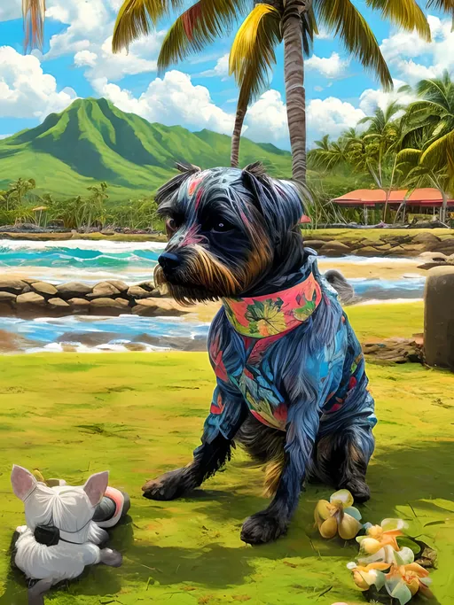 Prompt: chalk pastel style of a  detailed dog getting its hair braided in a Hawaiian shirt in Jamaica, sketch, detailed background, highres, fun atmosphere, natural lighting,  abstract, fun