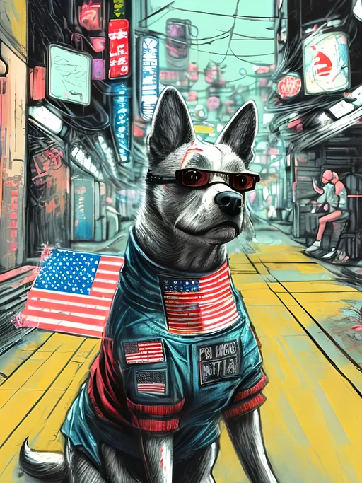 Prompt: pop art chalk pastel art of detailed dog wearing USA clothes playing in the streets in cyberpunk japan during a festival, sketch, detailed background, highres, fun atmosphere, natural lighting,  abstract, fun