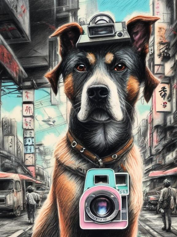 Prompt: chalk pastel art of a detailed dog with a polaroid camera on the streets in post-apocalyptic Japan during a festival with planes in the background, sketch, detailed background, highres, fun atmosphere, natural lighting,  abstract, fun