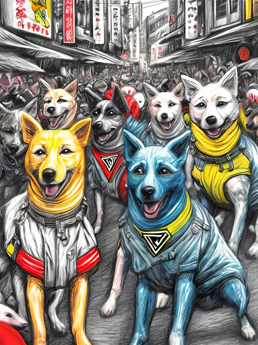 Prompt: pop art chalk pastel art of detailed dogs wearing nazi uniforms playing in the streets in japan during a festival, sketch, detailed background, highres, fun atmosphere, natural lighting,  abstract, fun