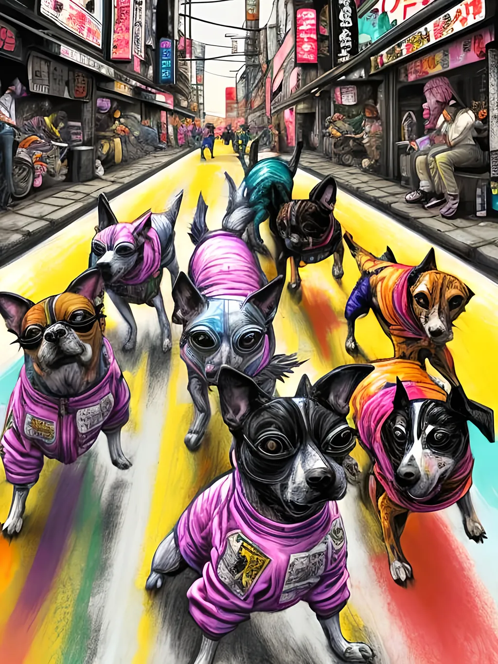 Prompt: pop art chalk pastel art of detailed dogs wearing gangster clothes playing in the streets in cyberpunk japan during a festival, sketch, detailed background, highres, fun atmosphere, natural lighting,  abstract, fun
