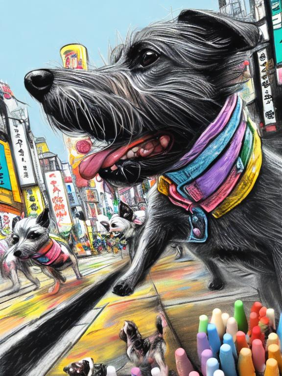 Prompt: pop art chalk pastel art of detailed dogs wearing clothes playing in the streets in japan during a festival, sketch, detailed background, highres, fun atmosphere, natural lighting,  abstract, fun