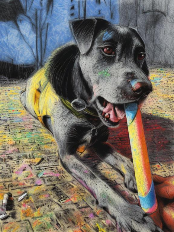 Prompt: pop art chalk pastel art of a detailed dog on the streets in Japan during a festival, sketch, detailed background, highres, fun atmosphere, natural lighting,  abstract, fun