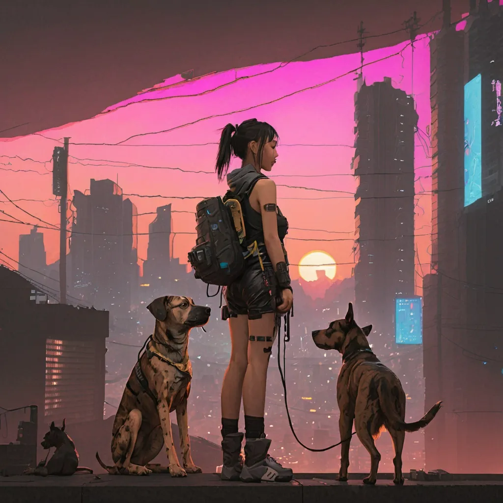 Prompt: sunset cyberpunk city with dogs mountain cur and asian girl
