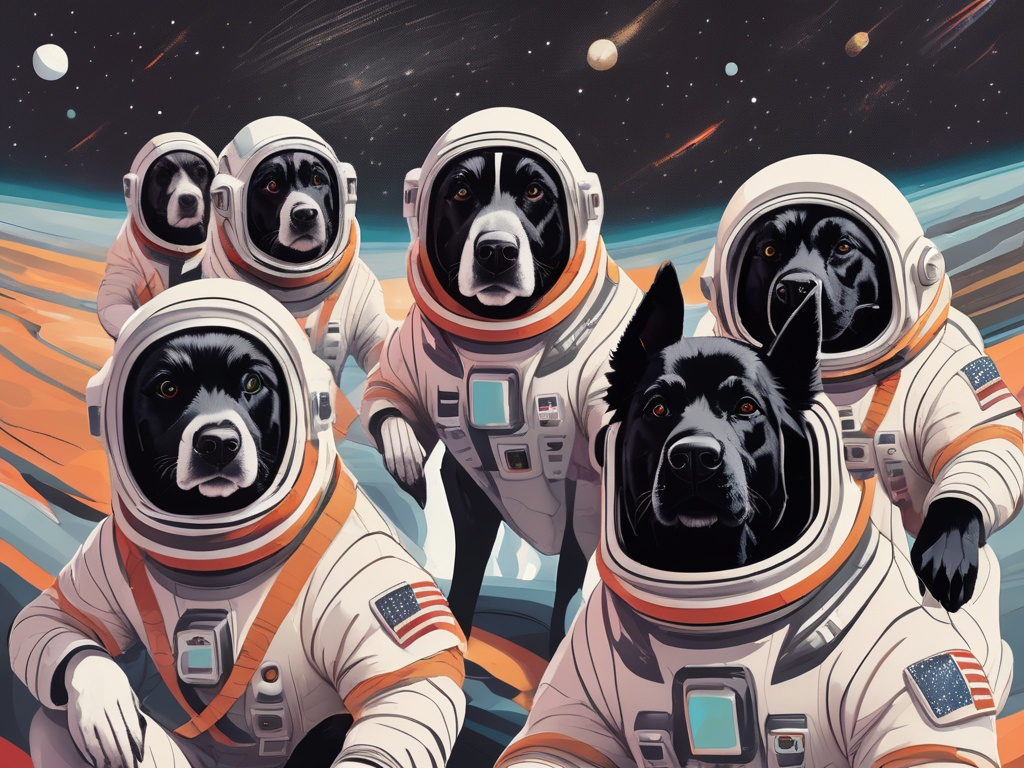 Prompt: abstract style art of black dogs in space in astronaut outfits