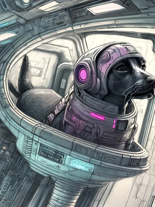 Prompt: chalk pastel style of a  detailed dog in a cyberpunk spaceship, sketch, detailed background, highres, fun atmosphere, natural lighting,  abstract, fun