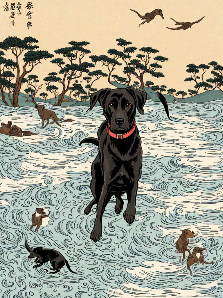 Prompt: black mountain cur dogs in hiroshige wave
