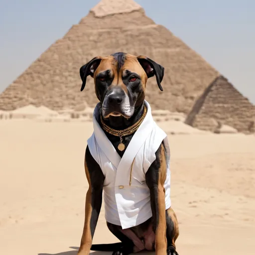 Prompt: black mountain cur dog dressed as yakuza in egypt