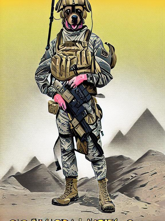 Prompt: black mountain cur dog in military gear in egypt 90s poster