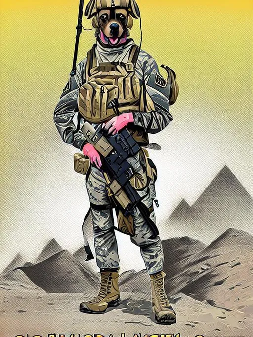 Prompt: black mountain cur dog in military gear in egypt 90s poster