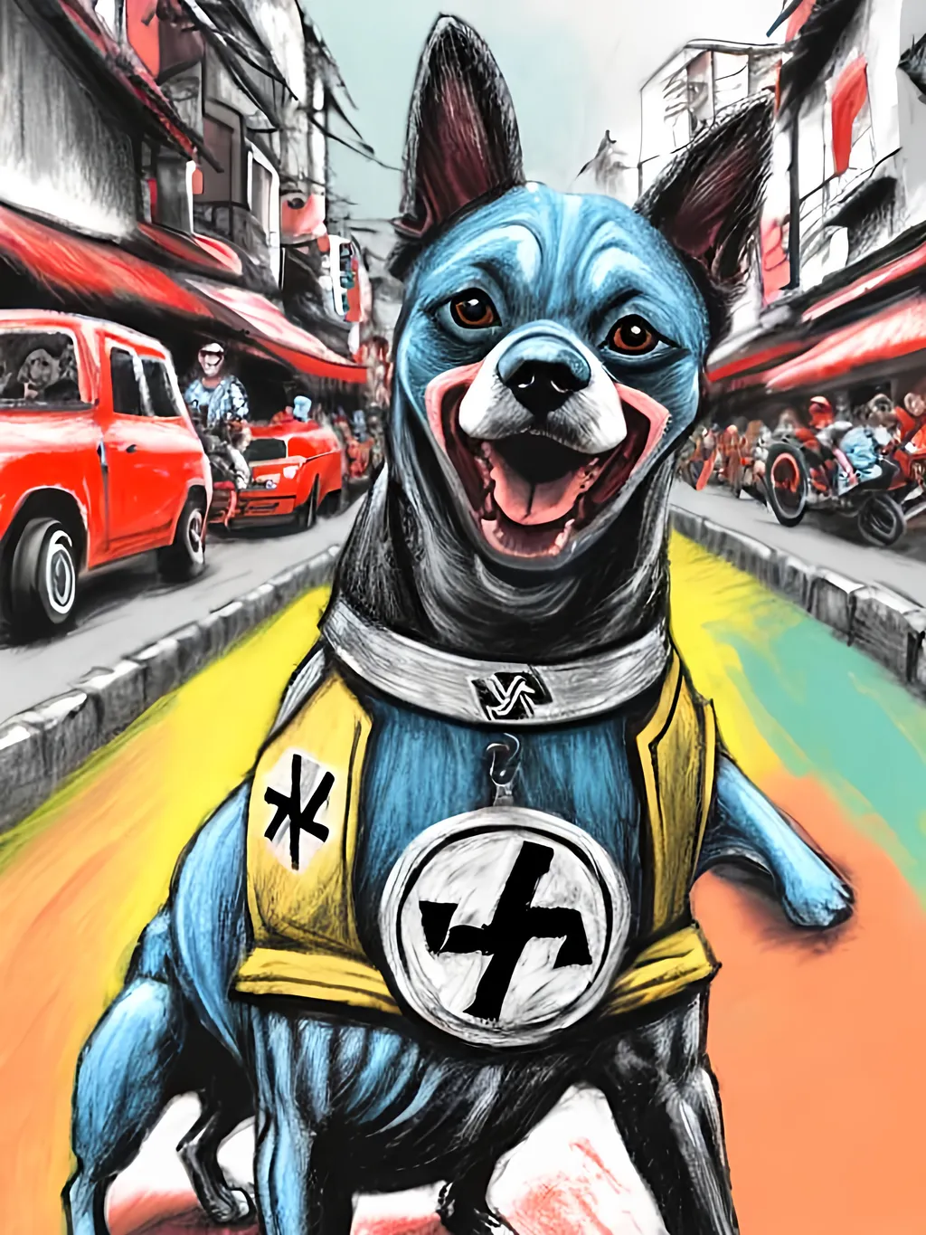 Prompt: pop art chalk pastel art of detailed dogs wearing nazi uniforms playing in the streets in japan during a festival, sketch, detailed background, highres, fun atmosphere, natural lighting,  abstract, fun