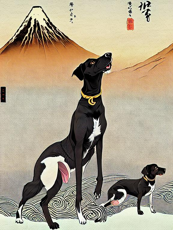 Prompt: black mountain cur dogs pooping in hiroshige wave 