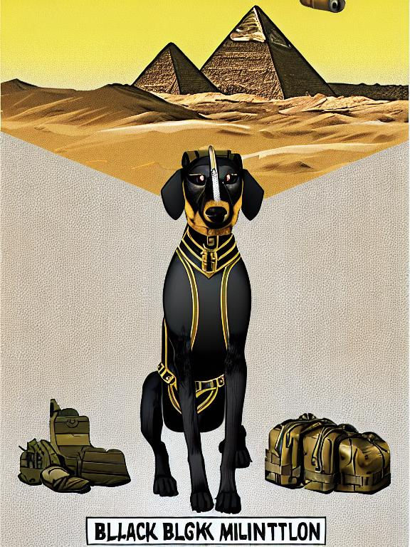 Prompt: black mountain cur dog in military gear in egypt 90s poster