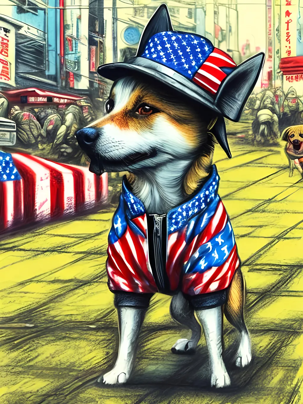 Prompt: pop art chalk pastel art of detailed dog wearing usa clothes playing in the streets in dystopian japan during a festival, sketch, detailed background, highres, fun atmosphere, natural lighting,  abstract, fun