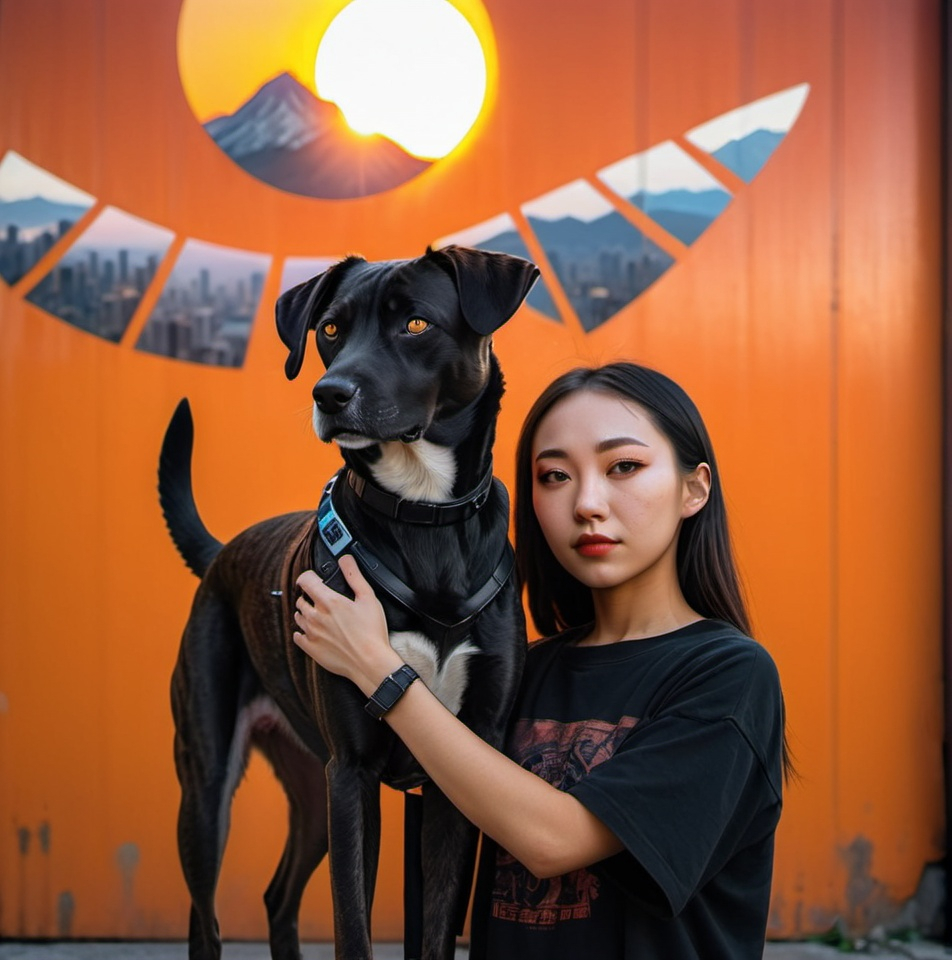 Prompt: mountain cur black dog with half asian girl in cyberpunk city with sun set