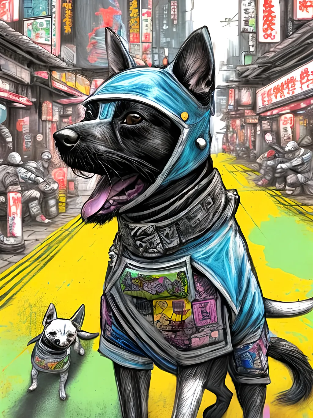 Prompt: pop art chalk pastel art of detailed dog wearing ninja clothes playing in the streets in cyberpunk japan during a festival, sketch, detailed background, highres, fun atmosphere, natural lighting,  abstract, fun