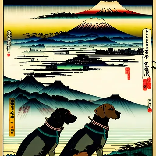 Prompt: black mountain cur dogs in cyberpunk hiroshige