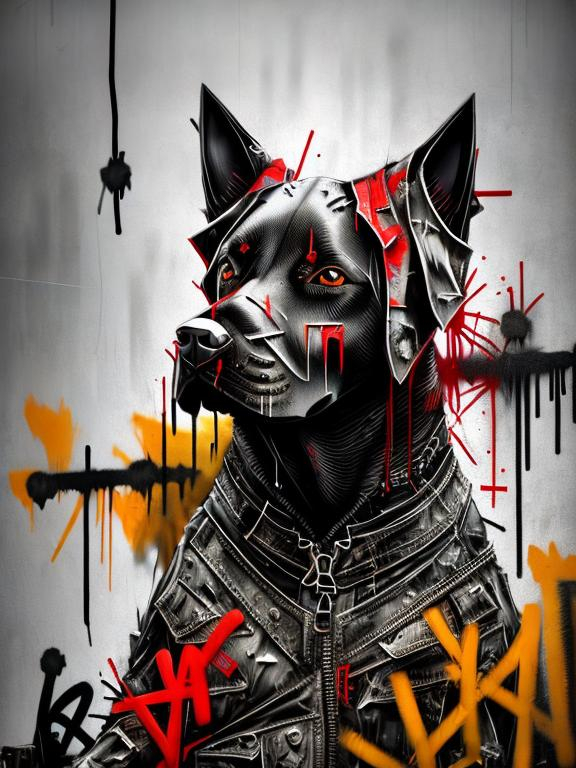 Prompt: Abstract art of a black dogs in gangster clothes, graffiti, streets, patriotic, detailed, atmospheric lighting, battle in the background, highres, ultra-detailed, abstract, gangster, detailed clothing, patriotic theme, streets, atmospheric lighting, dogs