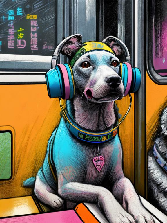 Prompt: pop art chalk pastel art of a detailed dog listening to music on the subway train in cyberpunk japan, sketch, detailed background, highres, fun atmosphere, natural lighting,  abstract, fun