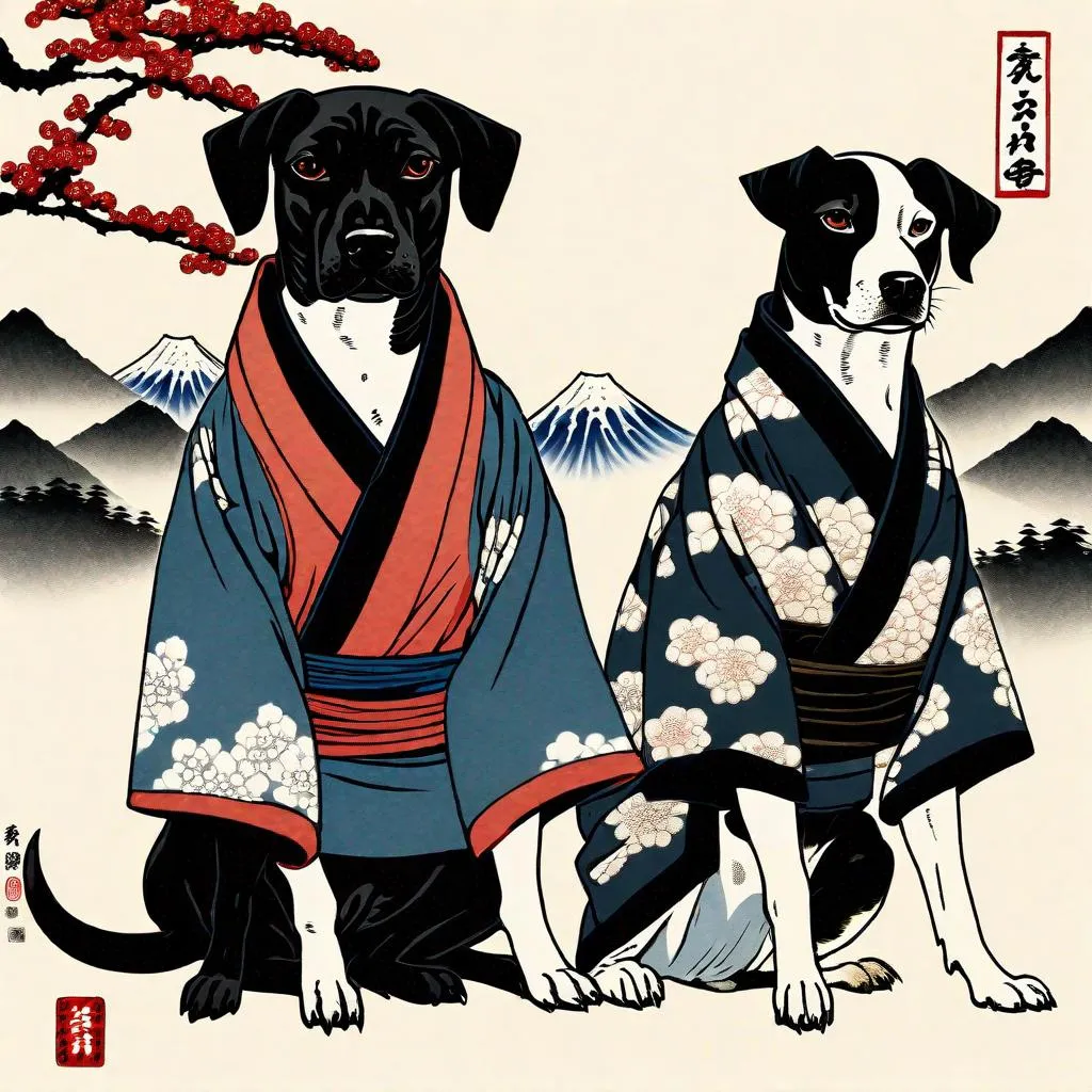 Prompt: black mountain cur dogs in hiroshige wearing yakuza clothes