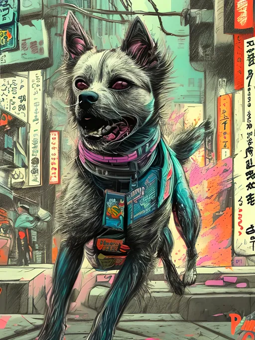 Prompt: pop art chalk pastel art of detailed dog doing parkour in cyberpunk japan during a festival, sketch, detailed background, highres, fun atmosphere, natural lighting,  abstract, fun
