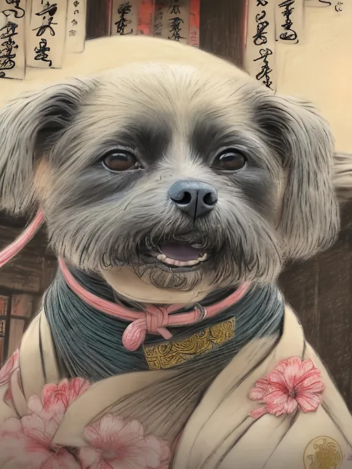 Prompt: chalk pastel style of a  detailed dog in a kimono at a shrine, sketch, detailed background, highres, fun atmosphere, natural lighting,  abstract, fun