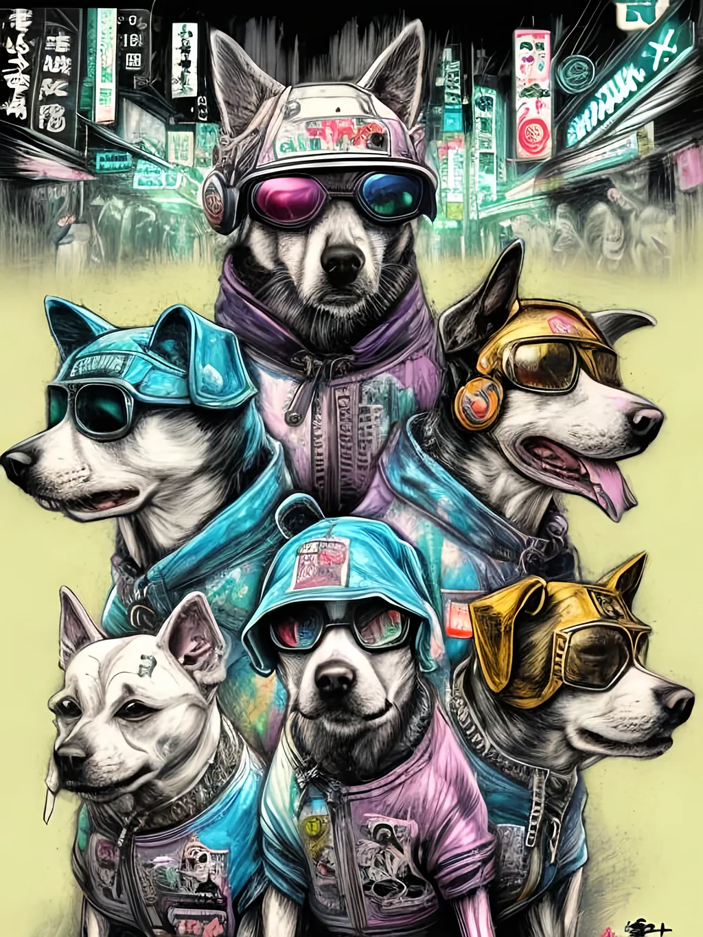 Prompt: pop art chalk pastel art of detailed dogs wearing gangster clothes playing in the streets in cyberpunk japan during a festival, sketch, detailed background, highres, fun atmosphere, natural lighting,  abstract, fun
