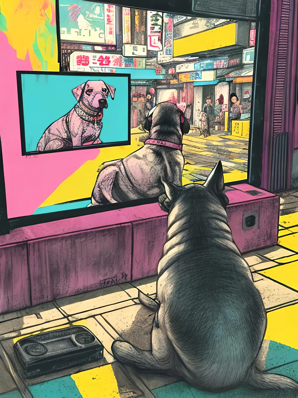 Prompt: pop art chalk pastel art of detailed dog watching tv in the streets in cyberpunk japan during a festival, sketch, detailed background, highres, fun atmosphere, natural lighting,  abstract, fun