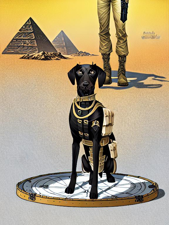 Prompt: black mountain cur dog in military gear in egypt 90s poster