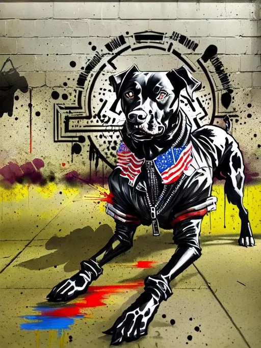 Prompt: surreal, Abstract art of a black dogs in gangster clothes, graffiti, streets, patriotic, detailed, atmospheric lighting, battle in the background, highres, abstract, gangster, detailed clothing, patriotic theme, streets, atmospheric lighting, dogs