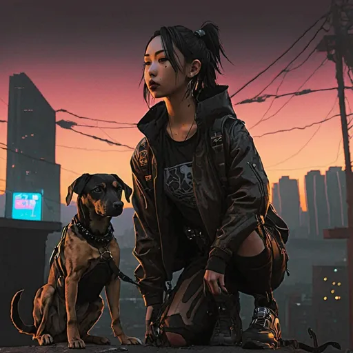 Prompt: sunset cyberpunk city with dogs black mountain cur and asian girl
