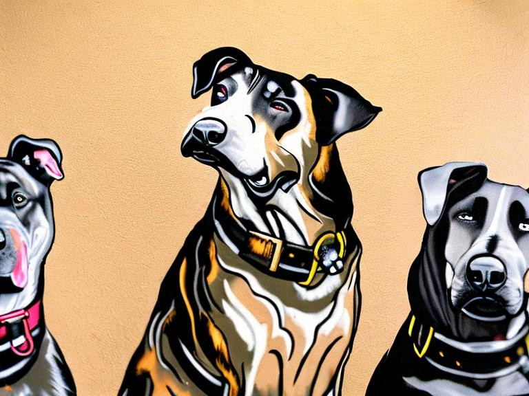 Prompt: mountain cur black dogs in gangster rappers clothing graffiti