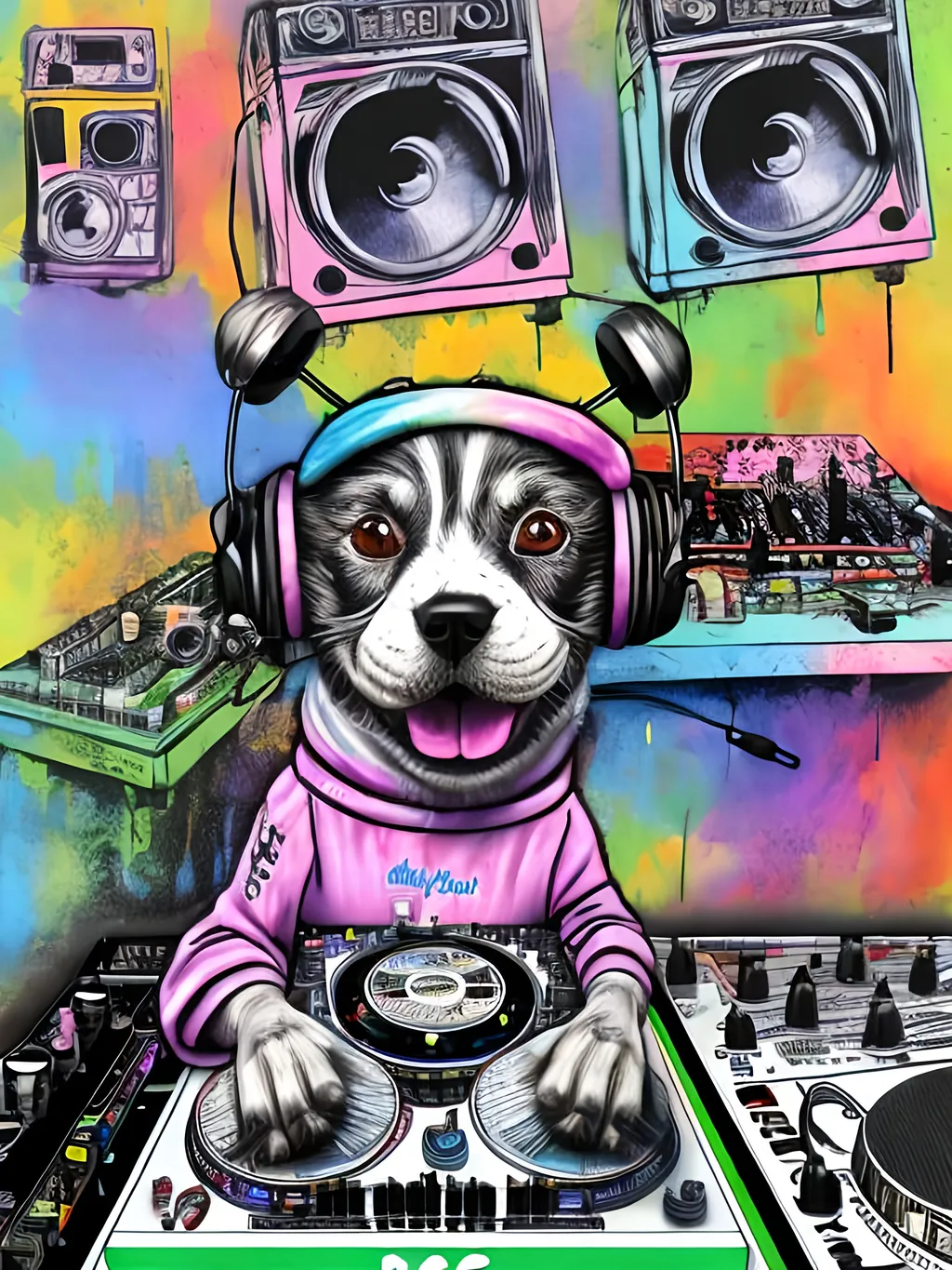 Prompt: pop art chalk pastel art of detailed dog DJing in Japan, sketch, detailed background, highres, fun atmosphere, natural lighting,  abstract, fun