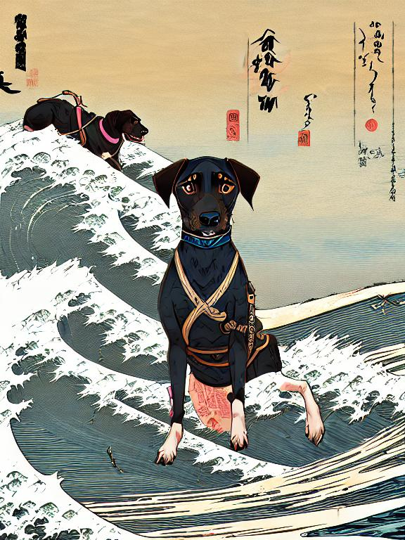 Prompt: black mountain cur dogs surfing in hiroshige wave 