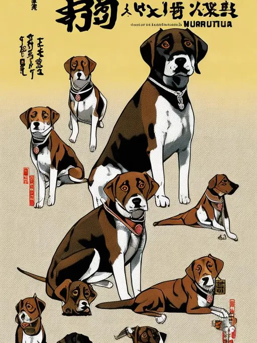 Prompt: black mountain cur dogs in yakuza outfit 90s poster