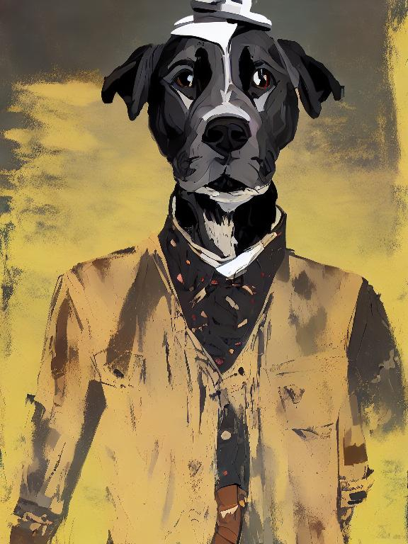 Prompt: mountain cur black dog in clothes gangster abstract art