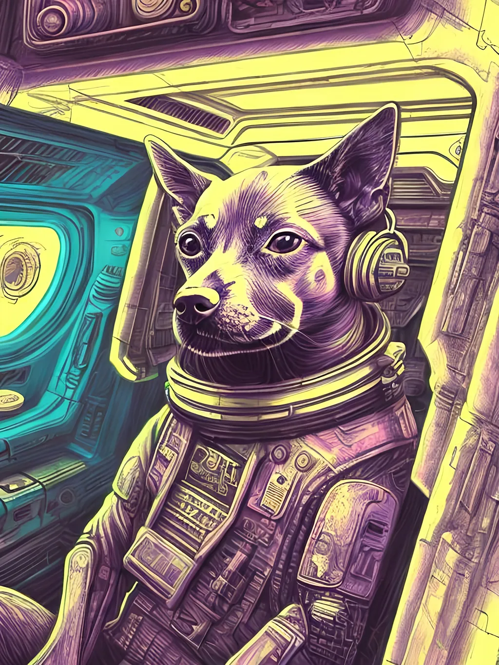 Prompt: pop art chalk pastel style of a  detailed dog in a cyberpunk spaceship, sketch, detailed background, highres, fun atmosphere, natural lighting,  abstract, fun