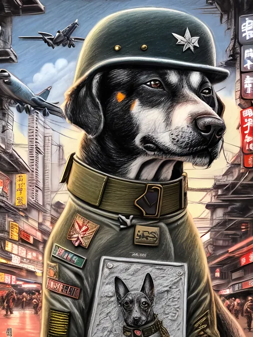 Prompt: chalk pastel art of a detailed dog wearing a military uniform on the streets in cyberpunk japan during a festival with planes in the background, sketch, detailed background, highres, fun atmosphere, natural lighting,  abstract, fun