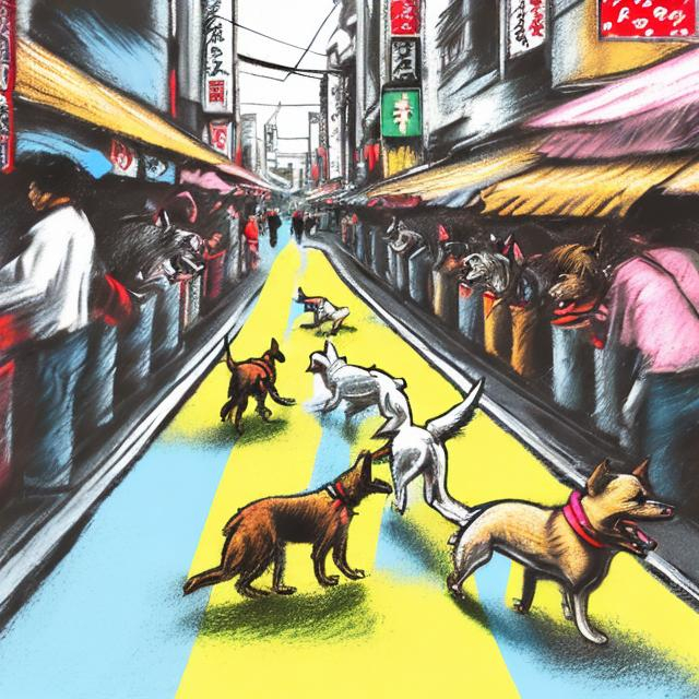 Prompt: pop art chalk pastel art of detailed dogs playing in the streets in japan during a festival, sketch, detailed background, highres, fun atmosphere, natural lighting, pastel colors, abstract, fun