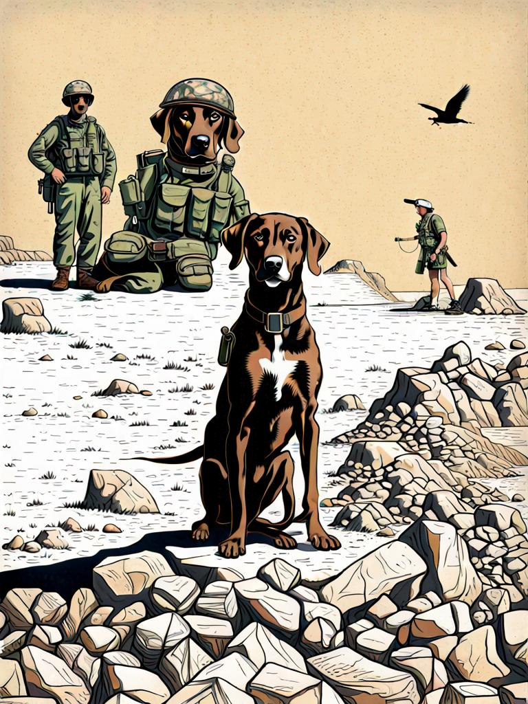 Prompt: black mountain cur dog in military gear in egypt 90s poster