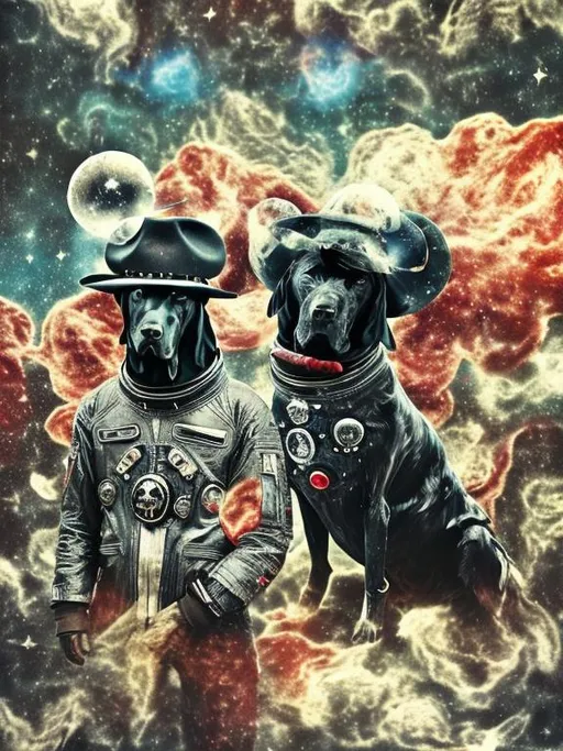 Prompt: Surrealism black dogs in gangster outfits in space, abstract art style, cowboy hat, fun atmosphere, floating celestial bodies, mysterious nebulae, dreamlike, surreal, high contrast, otherworldly, abstract, space, astronaut, fun atmosphere, celestial bodies, dreamlike, surreal, high contrast, mysterious, nebulae, dogs, usa, patriotic, trump