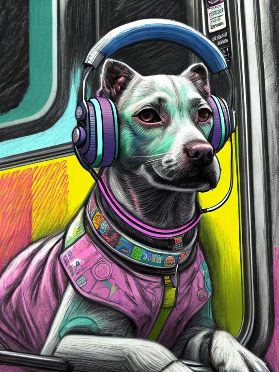 Prompt: pop art chalk pastel art of a detailed dog listening to music on the train in cyberpunk japan during a festival, sketch, detailed background, highres, fun atmosphere, natural lighting,  abstract, fun